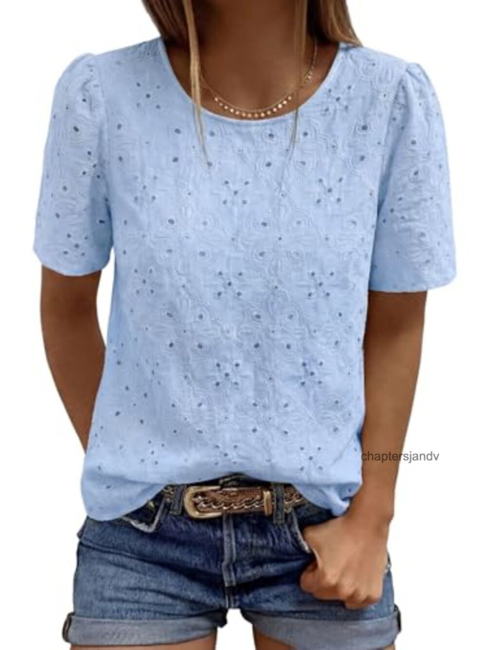 Women's Cotton Eyelet Embroidered Short Sleeve Puff Sleeve Blouse